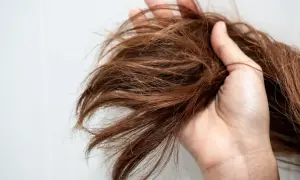 Une main tient une mèche de cheveux châtain, visiblement secs et emmêlés. Ces cheveux secs causes peuvent être dus à de nombreux facteurs.