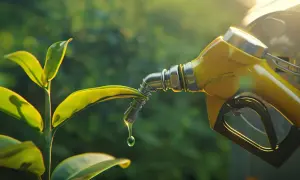 Goccia di diesel HVO che cade da un beccuccio su una foglia verde, simboleggiando un futuro più ecologico.