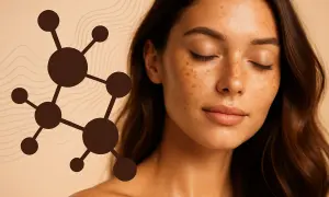 Modelka z piegami, obok schemat cząsteczki. Dowiedz się, melanina co to i jak wpływa na skórę.