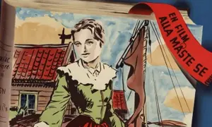 En film om Emilie Flygare-Carléns liv. En ung kvinna i grön klänning står framför ett hus och en båt.