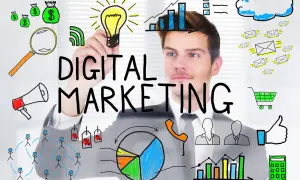 Un hombre dibuja en una pantalla: "DIGITAL MARKETING". Iconos de dinero, lupa, megáfono, red, bombilla, gráficos, emails, carrito, pulgar arriba y calculadora ilustran de que trata el marketing digital.
