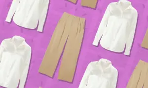Weiße Blusen und beige Hosen – die Basis für eine vielseitige capsule wardrobe liste. Minimalistisch und schick.
