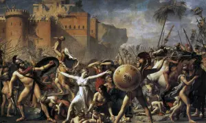 Scena z mitologii rzymskiej: kobiety próbują powstrzymać Rzymian przed porwaniem ich dzieci. Dramatyczna bitwa o przyszłość.