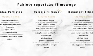 Pakiety reportażu filmowego: Video Pamiątka, Relacja Filmowa, Dokument Filmowy. Sprawdź cennik fotografa i wybierz idealny pakiet na swoje wesele.