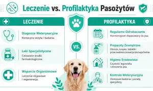 Grafika porównuje leczenie i profilaktykę nicieni u psa. Zawiera informacje o diagnozie, lekach, wsparciu organizmu, odrobaczaniu, preparatach zewnętrznych, higienie i kontroli weterynaryjnej.