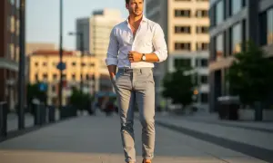 Mężczyzna w białej koszuli i szarych spodniach, idealnie wpisujący się w **smart casual dress code**, spaceruje po mieście.