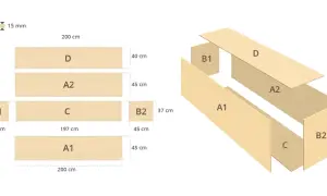 Piezas de madera para hacer pared de madera. Incluye medidas y un diagrama de ensamblaje.
