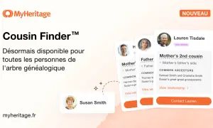 Découvrez votre **my heritage connection** avec Cousin Finder de MyHeritage. Des cartes montrent des cousins potentiels, comme Lauren Tisdale, mère de 2e cousin.