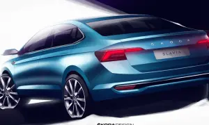 Niebieska Skoda Slavia na szkicu designerskim, widok z tyłu. Elegancka linia nadwozia i nowoczesne światła.
