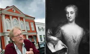 Man framför röd byggnad, bredvid porträtt av Ulrika Eleonora.