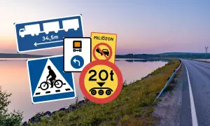 Trafikskyltar för inspektion bil: lastbilslängd, cykelöverfart, miljözon, viktbegränsning och körfältsinformation.