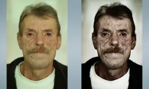 Dwa portrety tego samego mężczyzny. Po lewej jaśniejszy, po prawej ciemniejszy, z widocznym efektem Dragana, podkreślającym zmarszczki i rysy twarzy.