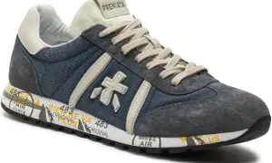 Buty Premiata, znana włoska marka, prezentują stylowe sneakersy z denimu i zamszu.