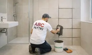 Mężczyzna klęczy i pokazuje, jak kłaść fugę na płytkach w łazience. Używa kielni do rozprowadzania masy.