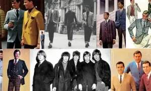Moda lat 60. w męskich stylizacjach: garnitury, marynarki, swetry i charakterystyczne fryzury.