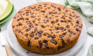 Una deliziosa torta con abbondanti gocce di cioccolato, pronta per essere gustata.