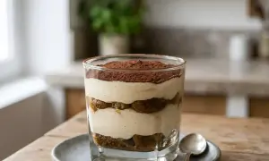Un délicieux tiramisu vanille, superposé de crème onctueuse et de biscuits savoyards, saupoudré de cacao.