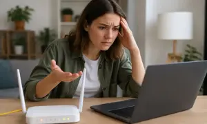 Zestresowana kobieta próbuje dowiedzieć się, jak naprawić internet w komputerze, patrząc na router i laptopa.