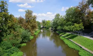 Spokojna rzeka Młynówka w Opolu, otoczona zielenią i drzewami, pod błękitnym niebem z chmurami.