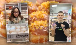 Trzy panele: kobieta z paczkami z Biedronki, zbliżenie na pączka z kandyzowaną skórką pomarańczy, mężczyzna z pączkiem z Lidla.