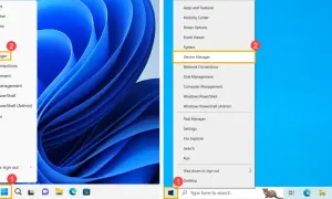 Menu kontekstowe Windows 11 z zaznaczonym "Device Manager" (Menedżer urządzeń).