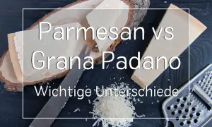Parmesan und Grana Padano Käse mit Messer, Reibe und geriebenem Käse.
