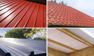 Techos de casas con panel sándwich: rojo acanalado, teja roja, gris metálico y blanco interior con vigas de madera.