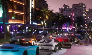 Nocne miasto w stylu Miami, pełne neonów i palm. Widać luksusowe samochody i ludzi, zapowiada się ekscytujący gta 6 gameplay.