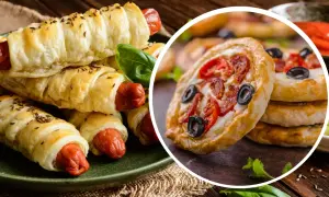 Pyszne przekąski z ciasta francuskiego: parówki w cieście i mini pizze z pomidorkami i oliwkami.