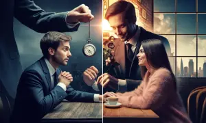 Un uomo ipnotizzato da un orologio, poi un altro uomo offre una rosa a una donna sorridente. Come diventare uno specchio.