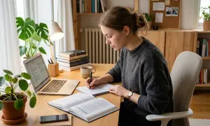 Junge Frau lernt konzentriert am Schreibtisch, um ihre Konzentration zu steigern. Laptop, Bücher und Pflanzen schaffen eine ruhige Lernatmosphäre.