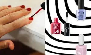 Dłoń maluje paznokcie na czerwono. Obok buteleczki lakierów: Manhattan Super Gel, OPI i Inglot Playinn. Szukasz lakieru do paznokci trwałego jak hybryda?