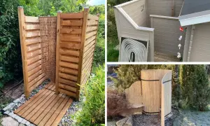 Härlig utedusch inspiration med träkonstruktioner och en modern variant med värmeslingor. Perfekt för sommarhuset!