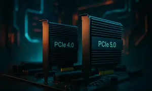 Zwei PCIe-Karten, PCIe 4.0 und PCIe 5.0, stehen nebeneinander auf einer Platine. Die neuere PCIe 5.0-Technologie verspricht höhere Geschwindigkeiten.