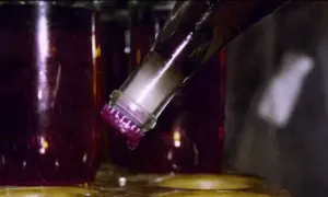 Bottiglia di vino rosso con tappo viola, una goccia cade. Il dégorgement significato è la rimozione del sedimento.