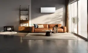 Soggiorno moderno con divano in pelle, libreria e condizionatori inferiori a 12 kw.