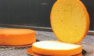 Trois disques de génoise dorée, prêts pour une recette. L'un est coupé en deux, révélant sa texture aérée.