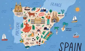 Kolorowa mapa Hiszpanii z zabytkami, tańcem flamenco, bykiem i słońcem. Ciekawe ciekawostki o Hiszpanii w pigułce!