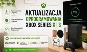 Grafika przedstawia konsole Xbox Series X i S, kontrolery oraz ekran z postępem aktualizacji oprogramowania.