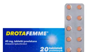 Opakowanie leku Drotafemme 40 mg, 20 tabletek powlekanych. Blister z tabletkami.