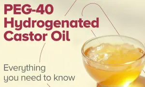 Tekst "PEG-40 Hydrogenated Castor Oil" nad miseczką z żółtym żelem. Dowiedz się wszystkiego o tym składniku.