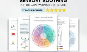 Zestaw arkuszy terapeutycznych "Sensory Soothing" pomaga zrozumieć i radzić sobie z różnymi stopniami autyzmu, oferując ćwiczenia sensoryczne.