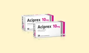 Dwa opakowania leku Aciprex 10mg, jedno z 56, drugie z 28 tabletkami powlekanymi.
