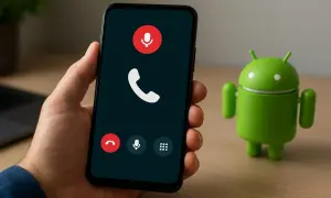 Telefon z ekranem rozmowy, ikona mikrofonu sugeruje aplikację do nagrywania rozmów. Obok stoi zielony robot Android.