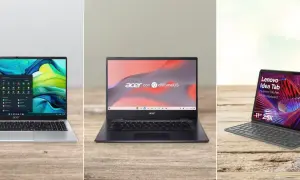 Comparativa: Chromebook vs Windows. Tres dispositivos: un portátil con Windows, un Chromebook Acer y una tablet Lenovo Idea Tab con teclado.