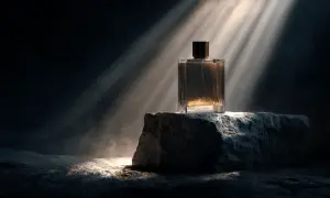 Elegancka butelka perfum na kamieniu, oświetlona promieniami słońca. Czy perfumy mają datę ważności? Ten zapach wydaje się ponadczasowy.
