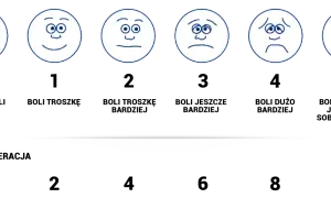 Sześć buziek na skali emocji: od uśmiechniętej po zapłakaną.