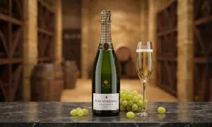 Butelka wina musującego Pere Ventura Reserva Brut, kieliszek pełen bąbelków i winogrona na tle piwniczki z beczkami.