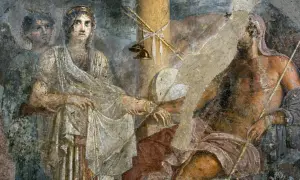 Fresque romaine : Héra, déesse du mariage et de la famille, est représentée avec un homme barbu. Un jeune homme se tient derrière elle.