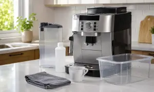 Ekspres DeLonghi, pojemnik na wodę, płyn do czyszczenia i naczynie - wszystko gotowe, by dowiedzieć się, jak odkamienić ekspres Delonghi.